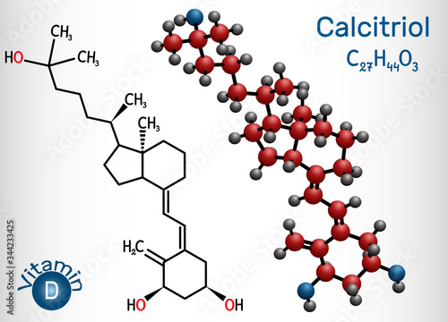 Calcitriol, vitamin D, C27H44O3 molecule. It is hydroxycalciol, member of D3 vitamins and triol.  Structural chemical formula, molecule model
