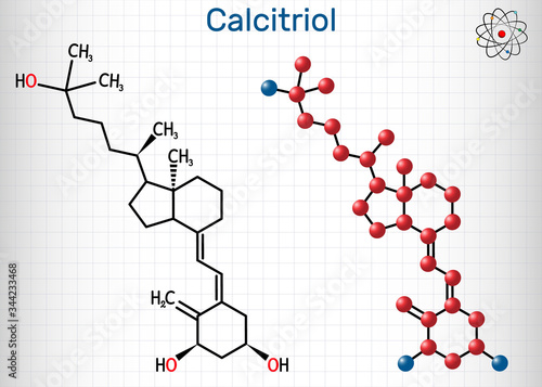 Calcitriol, vitamin D, C27H44O3 molecule. It is hydroxycalciol, member of D3 vitamins and triol.  Structural chemical formula, molecule model. Sheet of paper in a cage