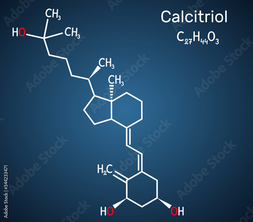 Calcitriol, vitamin D, C27H44O3 molecule. It is hydroxycalciol, member of D3 vitamins and triol.  Structural chemical formula on the dark blue background