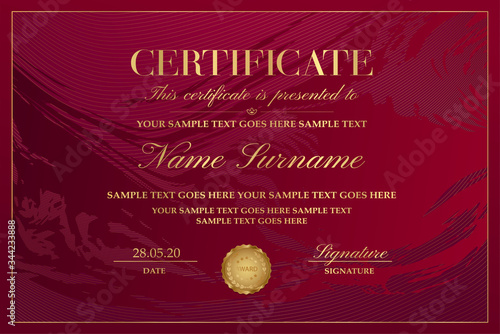 Certificate template with abstract maroon liquid background (marble). Gold design with lines (guilloche pattern) useful for Diploma, certificate of appreciation, achievement and any award
