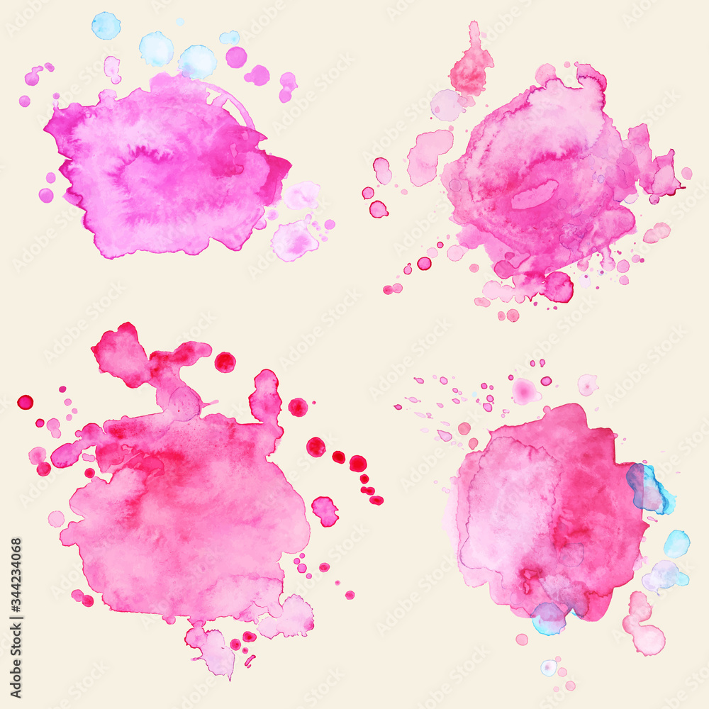 Pink abstract watercolor stain with splashes and spatters. Modern creative background for trendy design. Vector illustration.