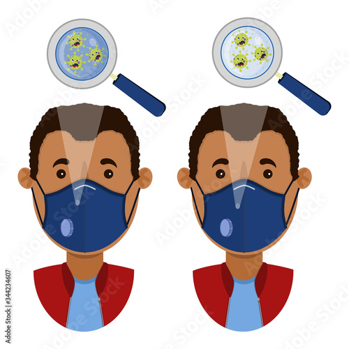 African man wearing two types of masks (surgical face mask and N95 respirator) contaminated with angry cartoon virus.