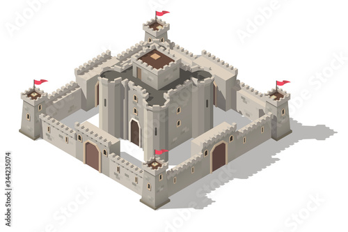 Vector isometric medieval castle with walls, gates and towers. Concept of game fortress.