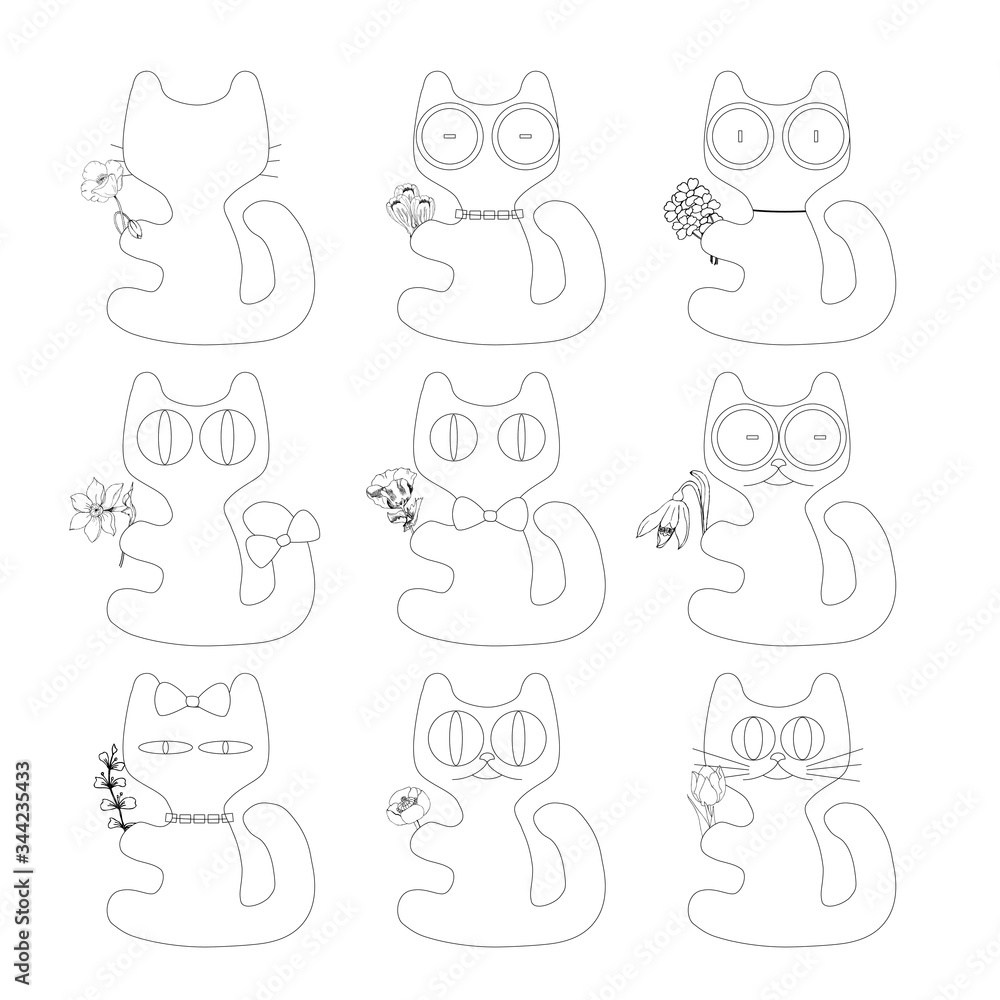 Cute cat with flowers doodle series, avatars, sketch line style icons. Flat animals, logo, cats set. Vector illustration cats