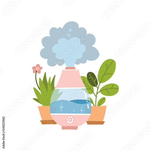 Electric humidifier, household appliance and two potted plants. Flat cartoon vector illustration isolated on white background.
