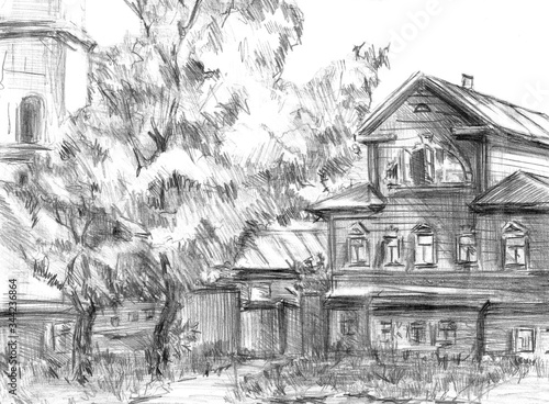 Black and white sketch of a wooden two-story house and tree in the countryside. Line art pencil on a summer day.