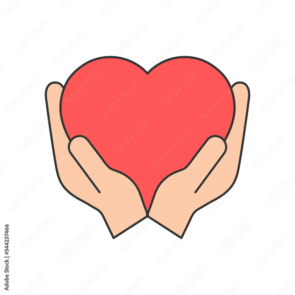 Heart icon on the hand colorful isolated on the white background. Voluntary, charity, donation symbol illustration. Heart icon on the hand colorful isolated on the white background. Voluntary, charity, donation symbol illustration.