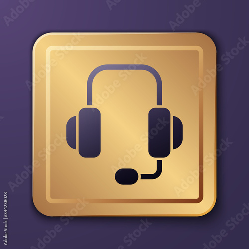 Purple Headphones icon isolated on purple background. Support customer service, hotline, call center, faq, maintenance. Gold square button. Vector Illustration