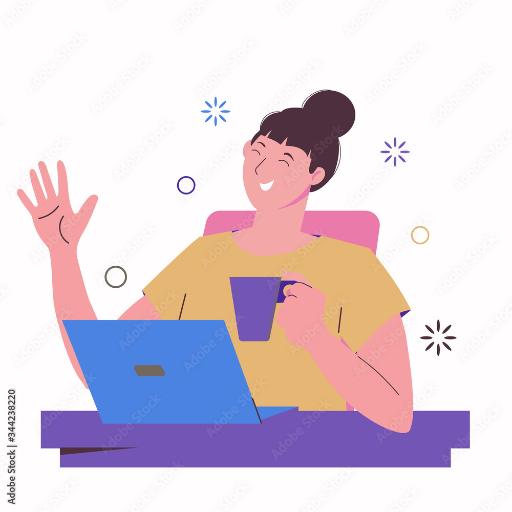 Obraz premium Girl freelancer works at a laptop and drinks from a mug. Work at home, freelance, distant work. Online education and chat with friends. Flat illustration isolated on a white background.