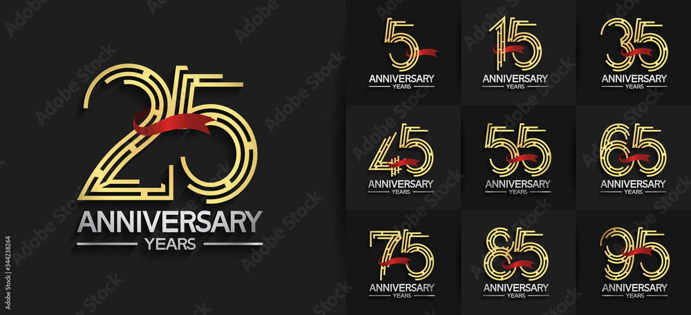Anniversary logotype set with golden and silver color. vector design for celebration purpose, greeting, invitation card	premium edition.