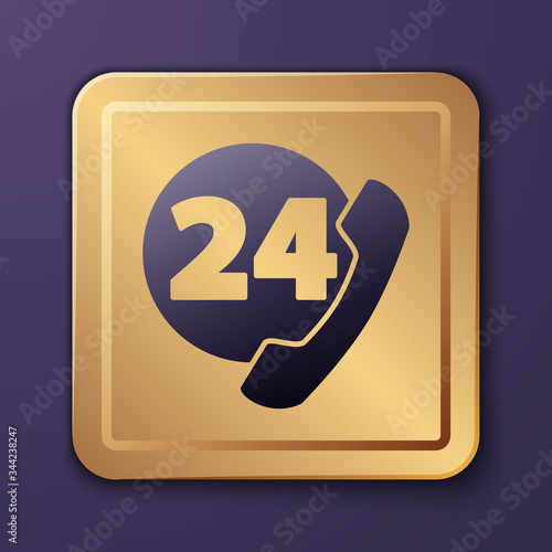 Purple Telephone 24 hours support icon isolated on purple background. All-day customer support call-center. Full time call services. Gold square button. Vector Illustration