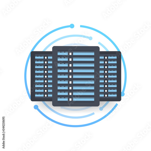 Data center. Mainframe service concept banner, server rack. Server room concept, data bank center. Vector stock illustration.