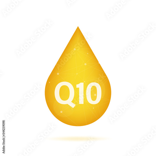 Coenzyme Q10. Gold vector oil icon. Enzyme drop pill capsule. Vector stock illustration.