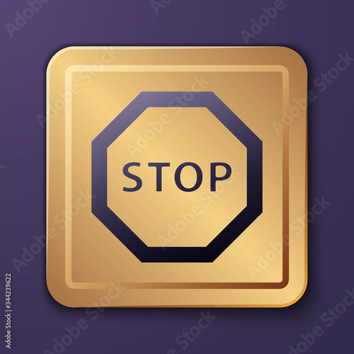 Purple Stop sign icon isolated on purple background. Traffic regulatory warning stop symbol. Gold square button. Vector Illustration