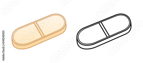 Flat and outline style oval pills isolated illustration on white background