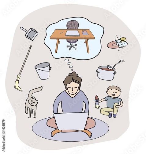 Disadvantage of work from home. Woman with laptop surrounded by child, cat, household duties dreaming about office workplace. Hand drawn vector illustration. Mother working home. Freelance, quarantine