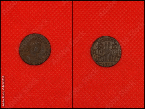 Roman coins on red background. Front and back. Roman. Emperor