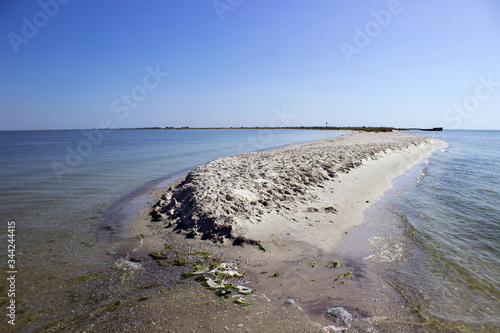 Sandy Kinburn Spit, Ukraine. Beautiful summer landscape - estuary and the Black Sea, background