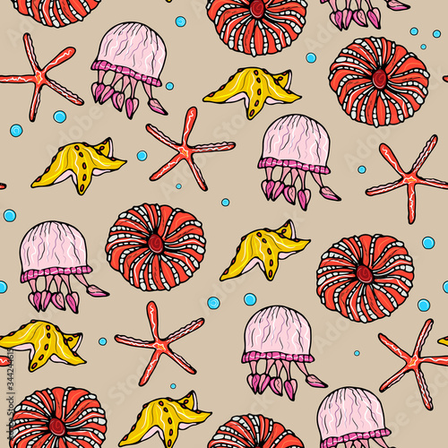 Sea animals  ocean seamless pattern. Shell aquarium background with fish, corral, shells, jellyfish, starfish and algae. Nautical marine illustration