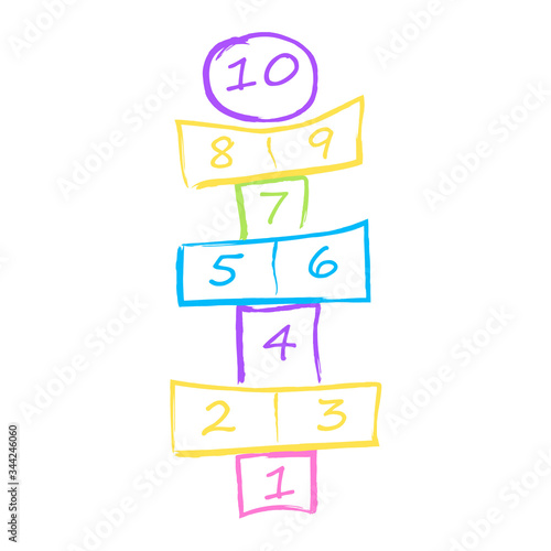 Hopscotch. childrens game drawn with colored chalks.playground with numbers.isolated on white background. hand drawing