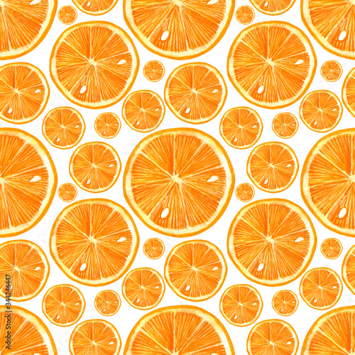 Seamless pattern with orange on white background. Watercolor hand drawn illustration.