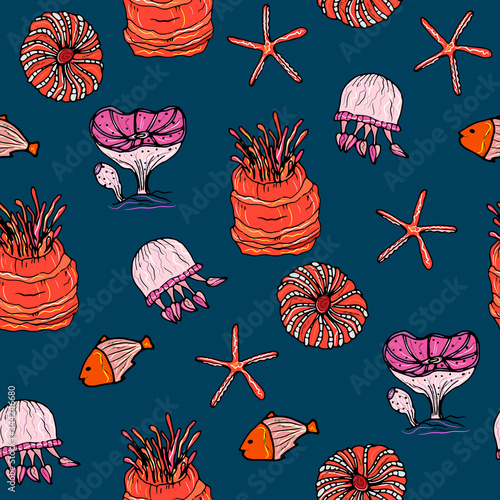 Sea animals  ocean seamless pattern. Shell aquarium background with fish, corral, shells, jellyfish, starfish and algae. Nautical marine illustration