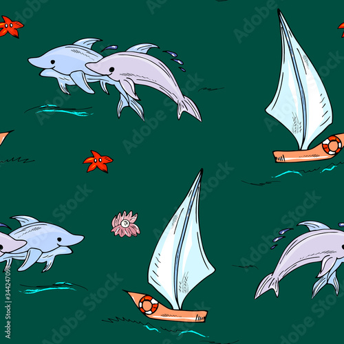 Marine, adventure seamless pattern. Sea background, dolphins, ship. For fabric, print, wallpaper, children's clothing.