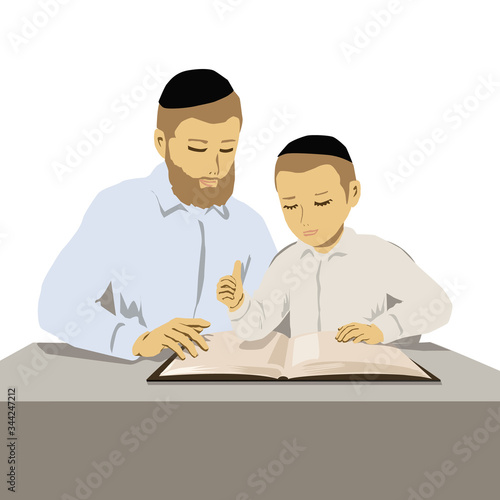 A painting of Orthodox religious father and son studying Torah.
Vector illustration of 2 flat figures with buttoned shirts and caps.