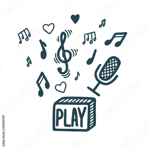 Music vibes elements. Tune, songs, microphone and love. Vector illustration in handdrawn doodle style with blue elements