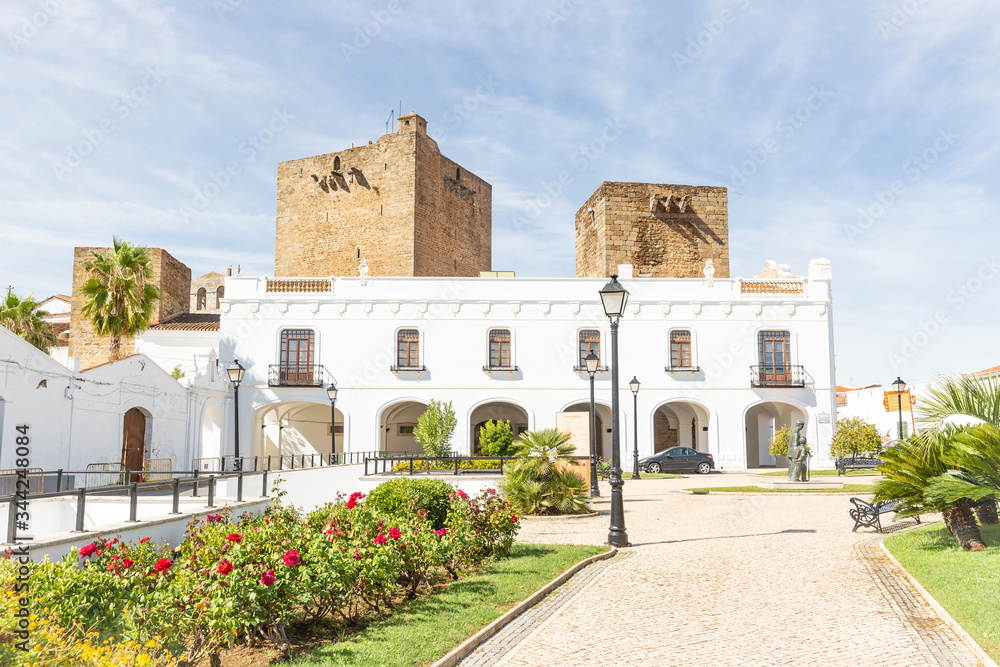 Paseo de Hernan Cortes square in Olivença (Olivenza) town, province of Badajoz, Extremadura, Portugal/Spain