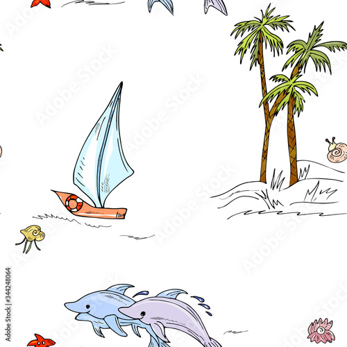 Marine, adventure seamless pattern. Sea background, dolphins, ship, island with palm trees. For fabric, print, wallpaper, children's clothing.