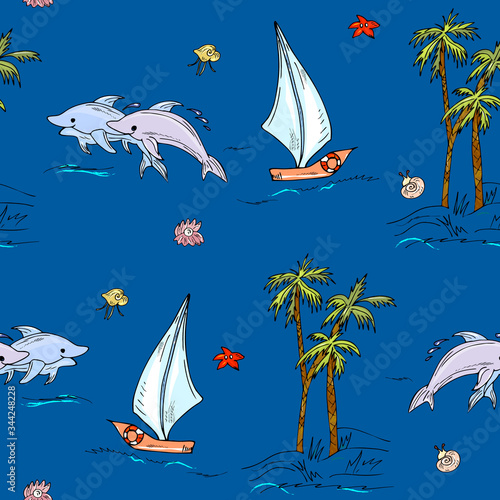 Marine, adventure seamless pattern. Sea background, dolphins, ship, island with palm trees. For fabric, print, wallpaper, children's clothing.