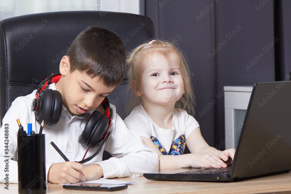 boy with headphones remote study at school boy with headphones remote study at school