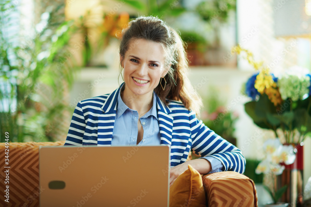 smiling woman with laptop in modern living room in sunny day smiling woman with laptop in modern living room in sunny day