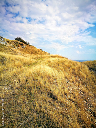 Steppe landscape up to a rocky hill