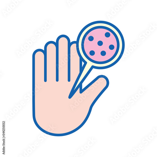 Covid 19 virus inside lupe and hand line and fill style icon vector design