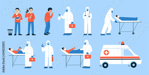 Set of isolated vector illustrations in flat style. Coughing, sneezing man with fever calling ambulance. Doctor in hazmat suit transporting patient on stretcher bed. Man lying in hospital bed.