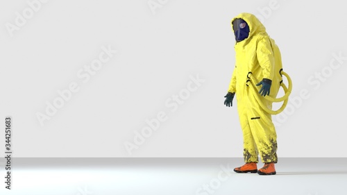 Coronavirus Virus 2019-nCov Covid-19. Microscope Abstract llustration 3D Rendering. Virus from Asian Flu Influenza. Pandemic Economic Crisis. Wuhan Dangerous Disease. Yellow Hazmat Suit.