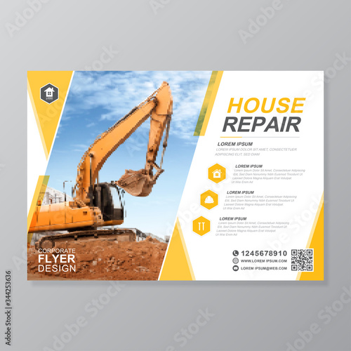 Excavator or dozer cover A4 template and flat icons for construction brochure design, flyer, leaflets decoration for printing and presentation vector illustration