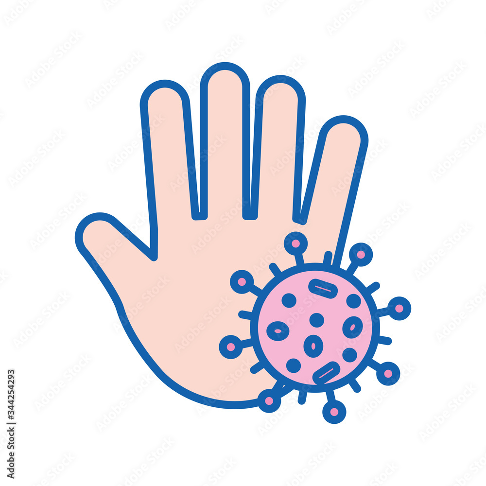 Covid 19 virus and hand line and fill style icon vector design Covid 19 virus and hand line and fill style icon vector design