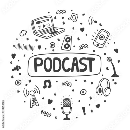 Podcast doodle round badge with electronic symbols, handwritten lettering. Online education concept and decoration. Text and podcasts symbols isolated on white background. Broadcast vector.
