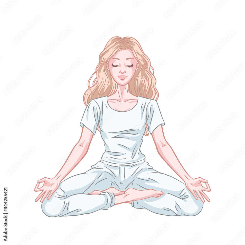 Young meditating yogi woman in lotus pose isolated on white background. Vector illustration