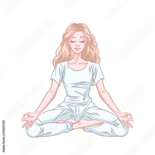 Young meditating yogi woman in lotus pose isolated on white background. Vector illustration