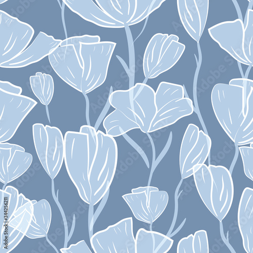 Fototapeta Naklejka Na Ścianę i Meble -  Poppies, wildflowers seamless pattern. Summer floral background. Botanical illustration, monochrome hand drawing. Design for packaging, fabric, textile, wallpaper, website, cards.