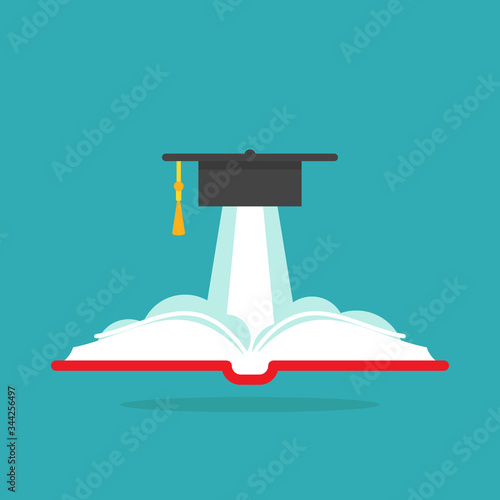 book with graduation cap or mortar board as rocket. Isolated on powder blue background.