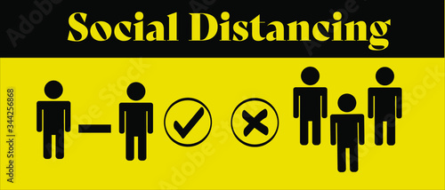 Social distancing concept comparison: Two people black on bright yellow warning color icon vector separating people for public health and safety during Coronavirus (COVID-19), global pandemic.