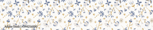 
Seamless tossed floral pattern in french blue linen shabby chic style. Hand drawn country bloom texture. Rustic woven background. Kitchen towel home decor swatch. Simple flower motif all over print