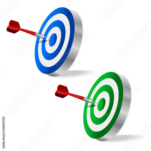 Dart arrows hitting center target, Green and Blue dart board isolated on white background