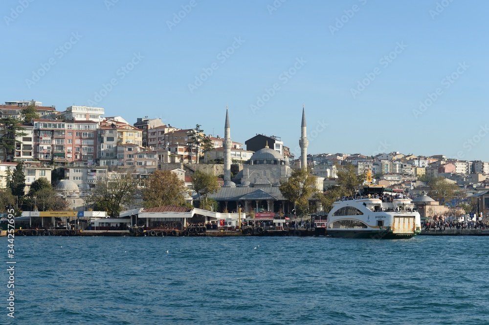 Passenger ships in the Bosphorus Strait at the Uksyudar Shehir Khatlary Isklesi Maritime Station on the Asian side of Istanbul