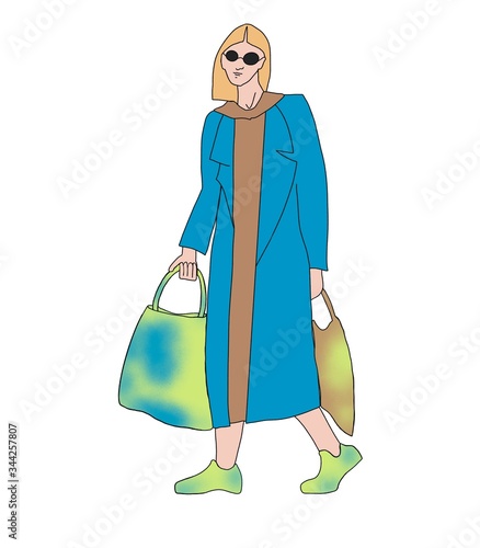 A blonde girl is walking with bags from the supermarket.